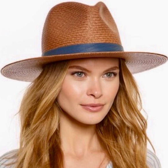 Janessa Leone ‘Panton’ Tan Straw Hat with Navy Blue Lamb Leather Band